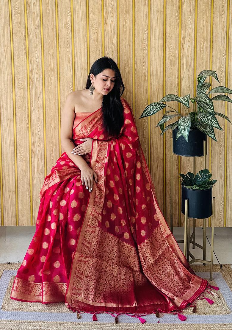 Red Zari Woven Art Silk Saree Set