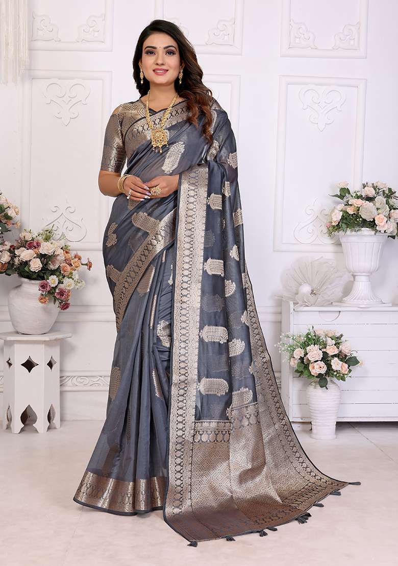 Grey Zari Woven Organza Saree Set - Indya