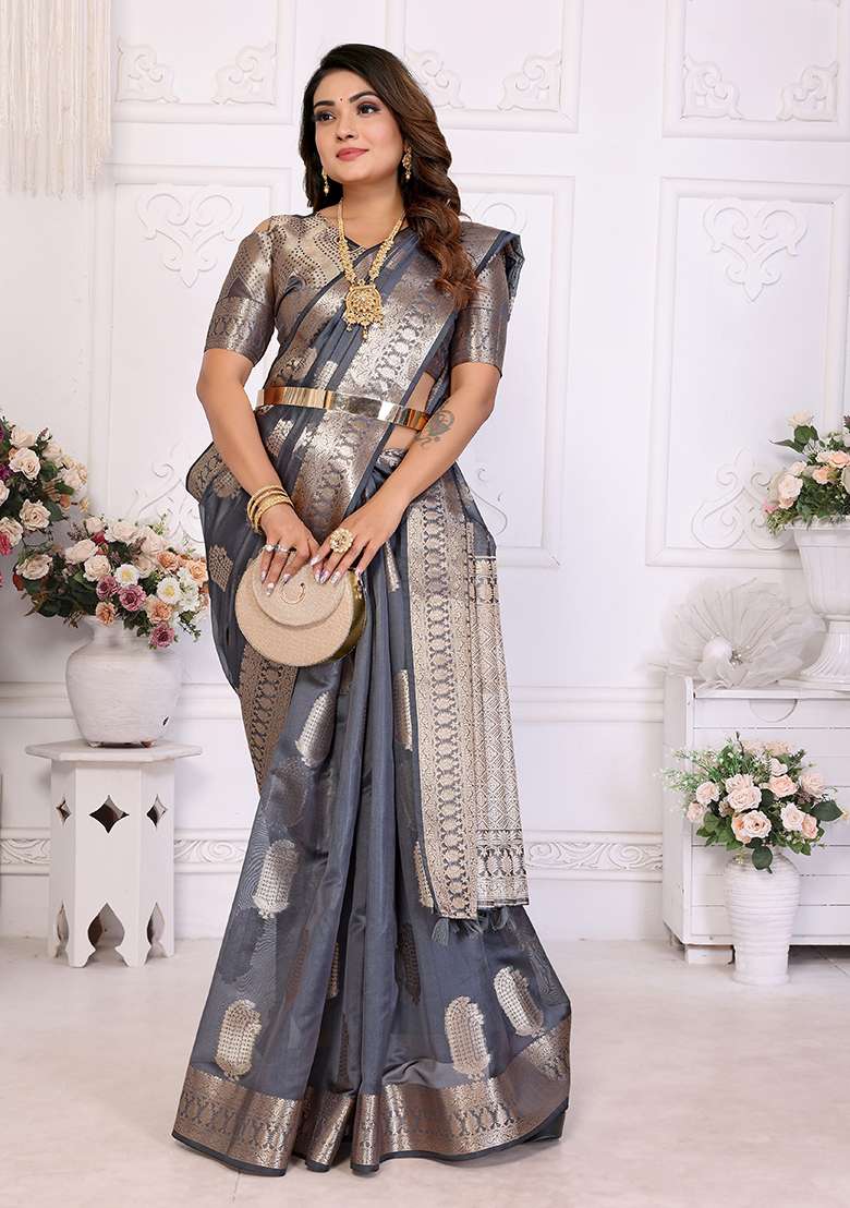 Grey Zari Woven Organza Saree Set - Indya