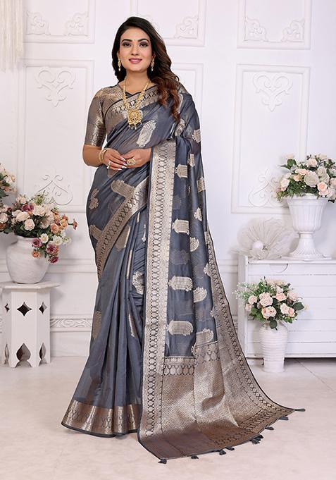 Grey Zari Woven Organza Saree Set