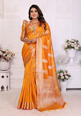 Orange Zari Woven Organza Saree Set
