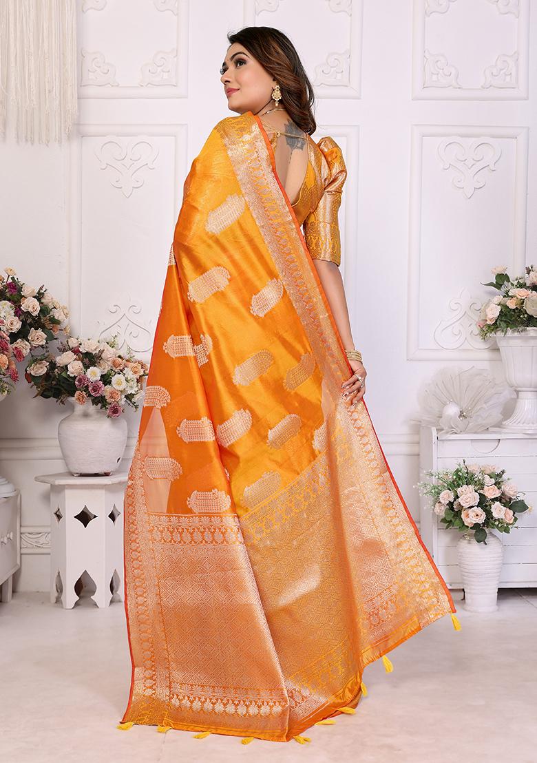 Orange Zari Woven Organza Saree Set