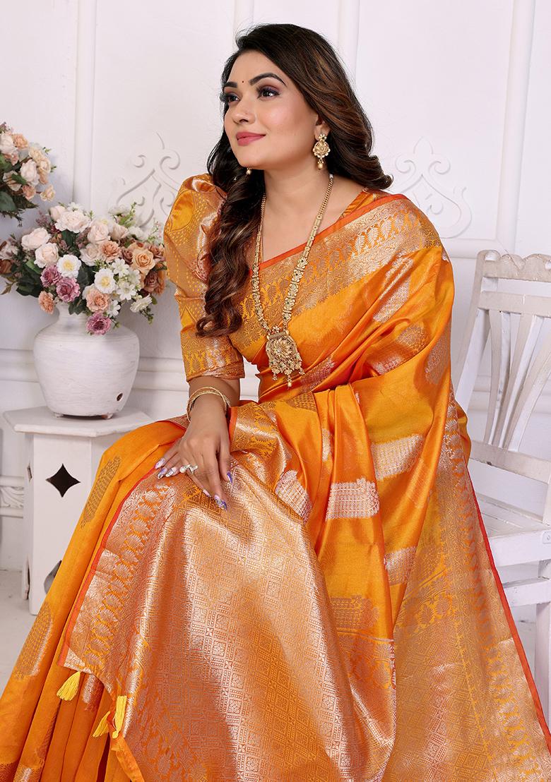 Orange Zari Woven Organza Saree Set