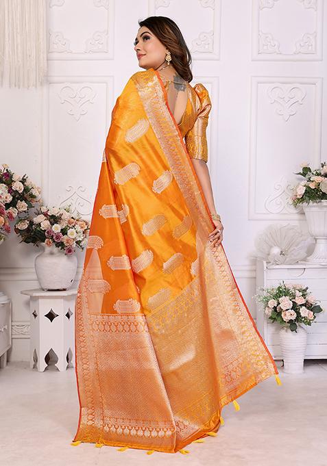 Orange Zari Woven Organza Saree Set