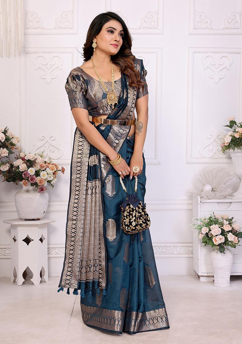 Teal Zari Woven Organza Saree Set