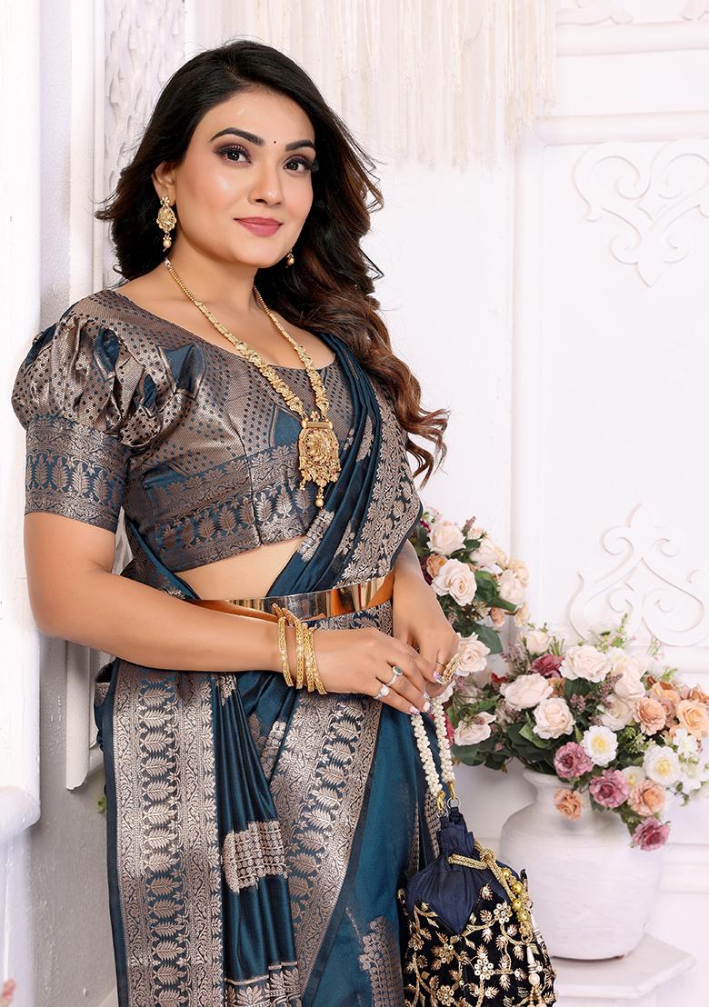 Teal Zari Woven Organza Saree Set