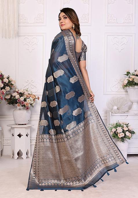 Teal Zari Woven Organza Saree Set