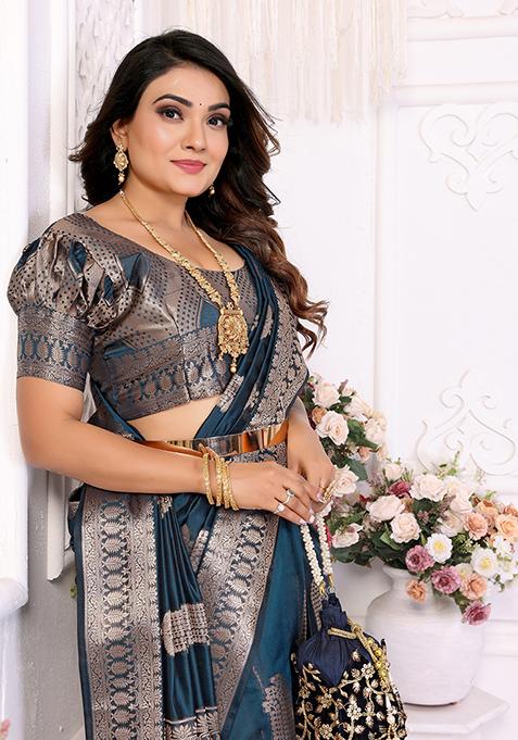 Teal Zari Woven Organza Saree Set