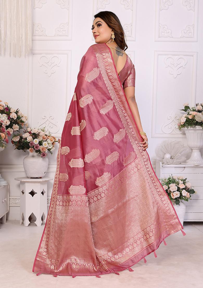 Wine Zari Woven Organza Saree Set