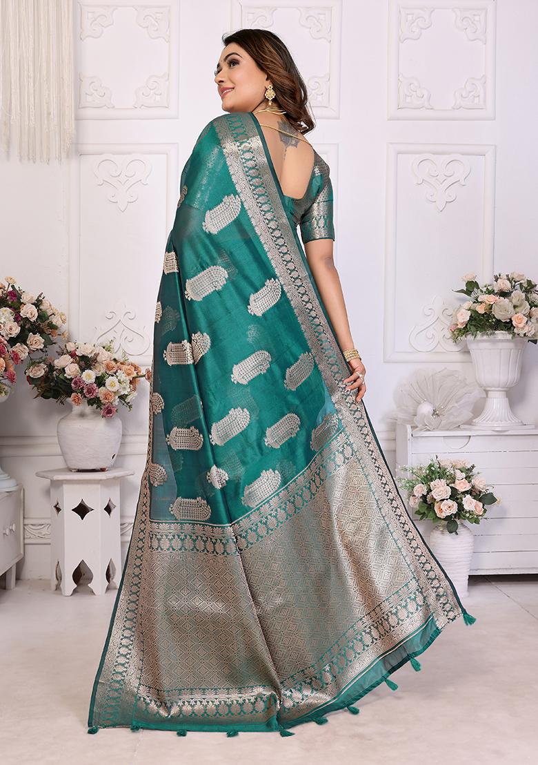 Green Zari Woven Organza Saree Set