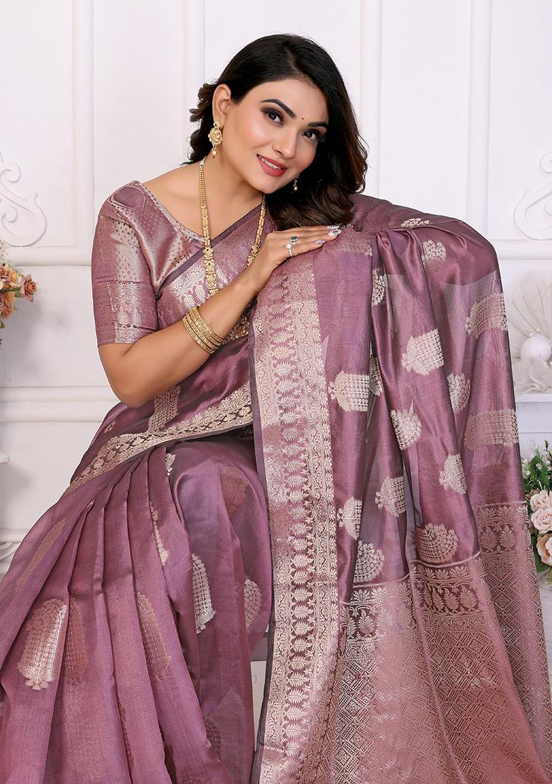 Purple Zari Woven Organza Saree Set