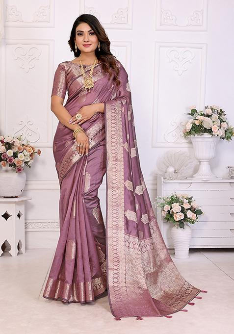 Purple Zari Woven Organza Saree Set