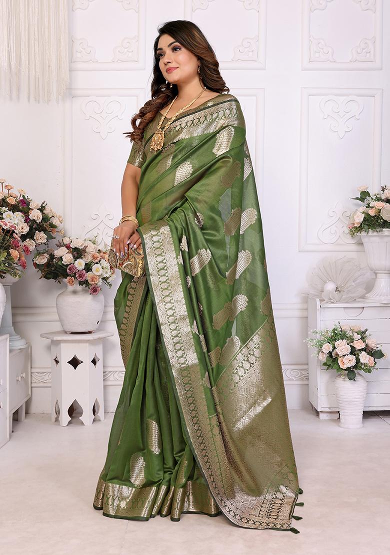 Green Zari Woven Organza Saree Set
