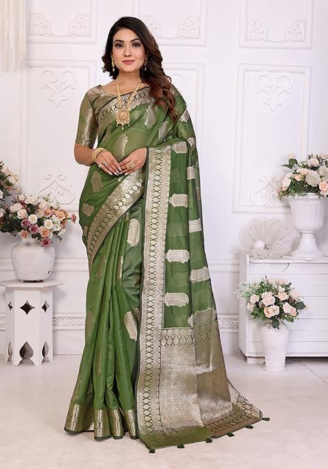Green Zari Woven Organza Saree Set