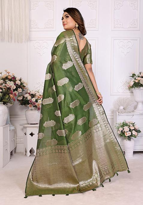 Green Zari Woven Organza Saree Set