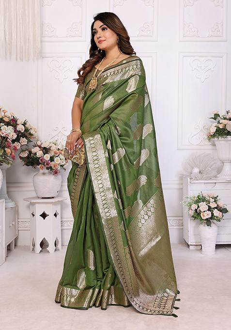 Green Zari Woven Organza Saree Set