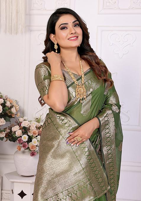 Green Zari Woven Organza Saree Set