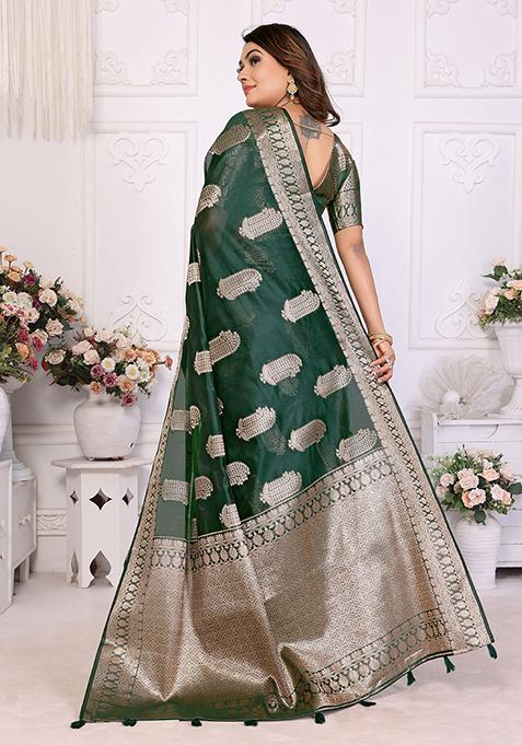 Green Zari Woven Organza Saree Set