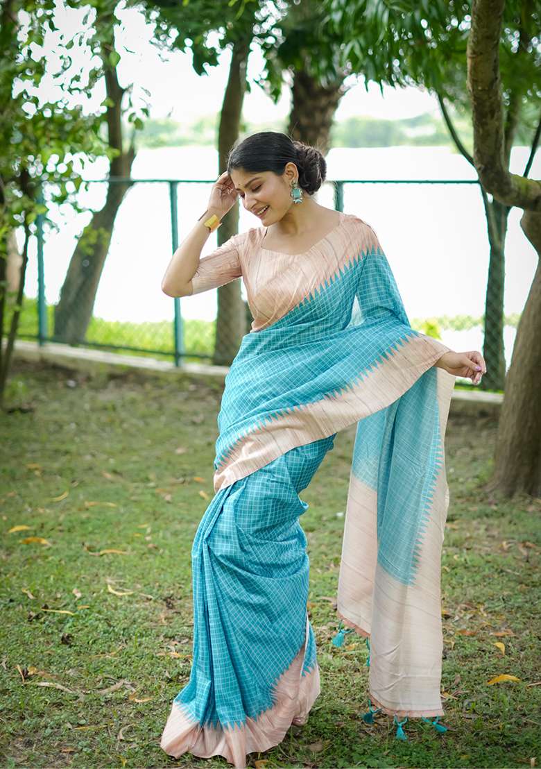 Sky Blue Abstract Print Silk Saree Set for Diwali and Festive Wear - Indya