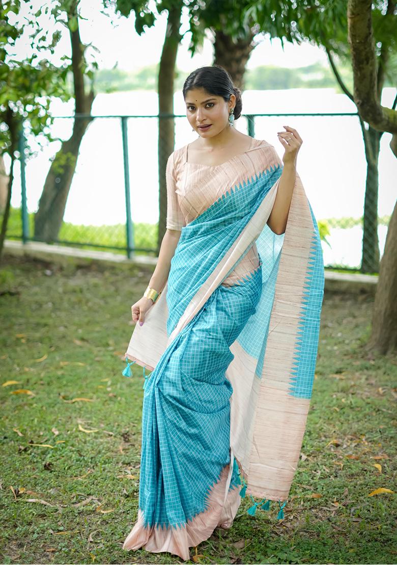 Sky Blue Abstract Print Silk Saree Set