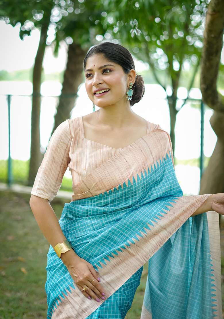 Sky Blue Abstract Print Silk Saree Set for Diwali and Festive Wear - Indya