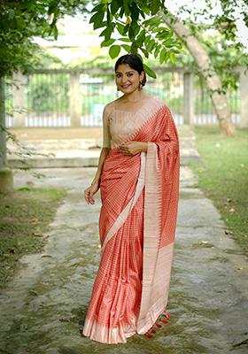 Orange Abstract Print Silk Saree Set