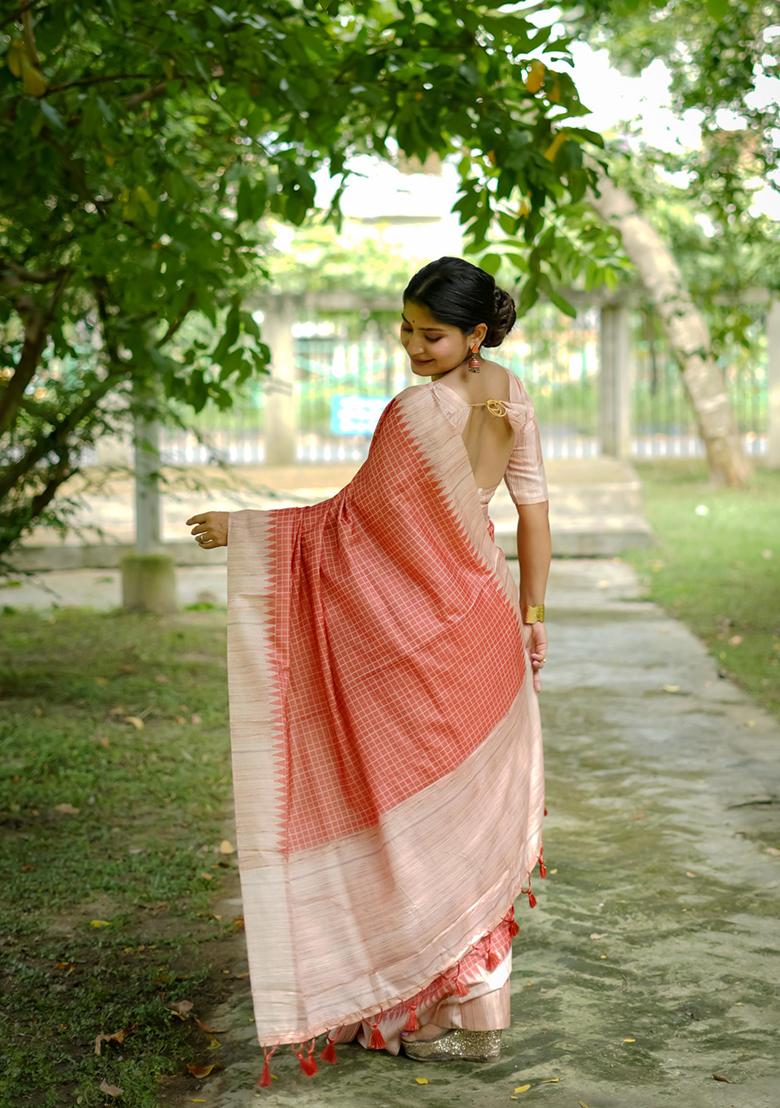 Orange Abstract Print Silk Saree Set