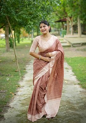 Brown Abstract Print Silk Saree Set