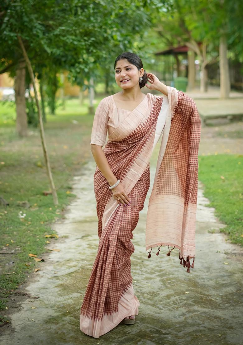 Brown Abstract Print Silk Saree Set