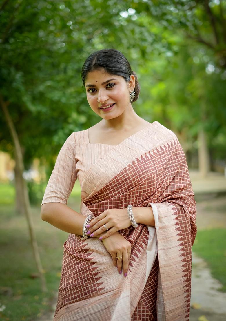 Brown Abstract Print Silk Saree Set