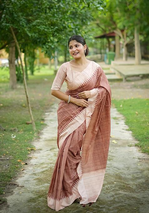 Brown Abstract Print Silk Saree Set