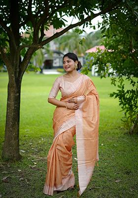 Yellow Abstract Print Silk Saree Set