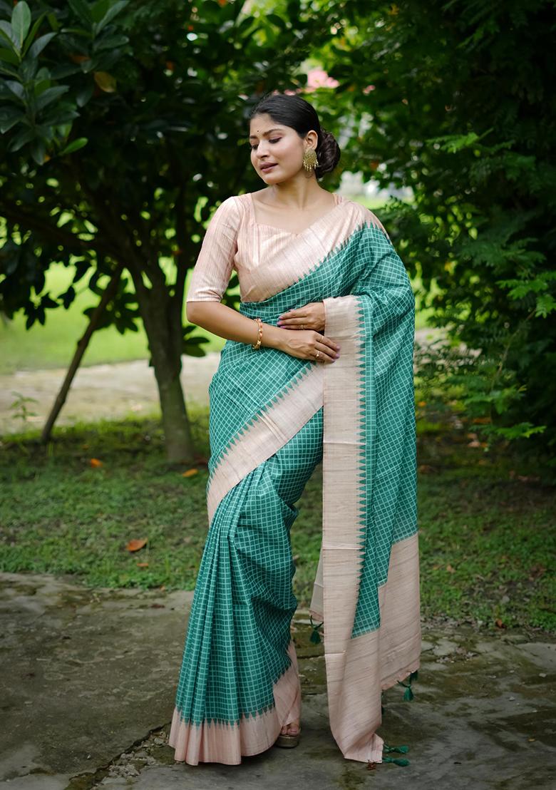 Sea Green Abstract Print Silk Saree Set