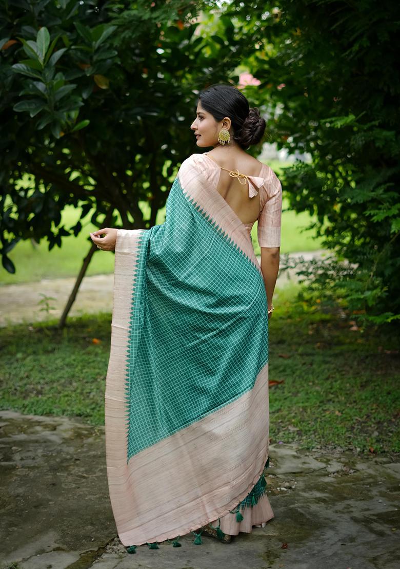Sea Green Abstract Print Silk Saree Set