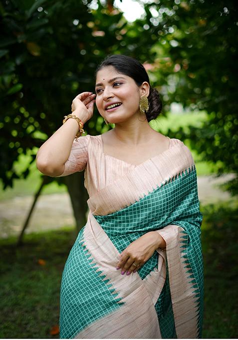 Sea Green Abstract Print Silk Saree Set
