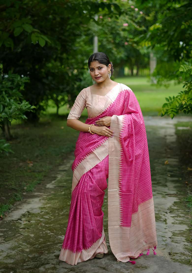 Pink Silk Saree Set with Abstract Print for Diwali | Wedding & Festive Wear - Indya