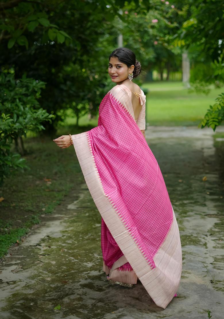 Pink Abstract Print Silk Saree Set