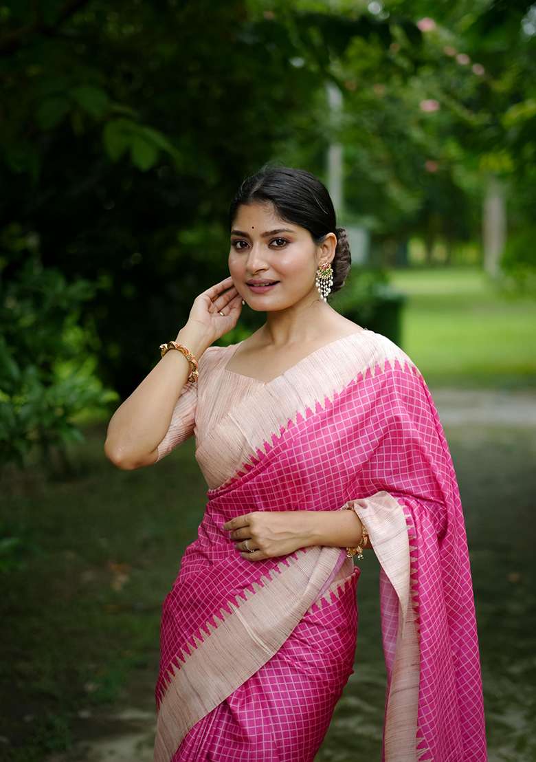 Pink Silk Saree Set with Abstract Print for Diwali | Wedding & Festive Wear - Indya