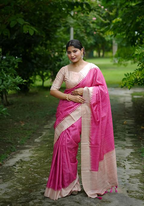 Pink Abstract Print Silk Saree Set