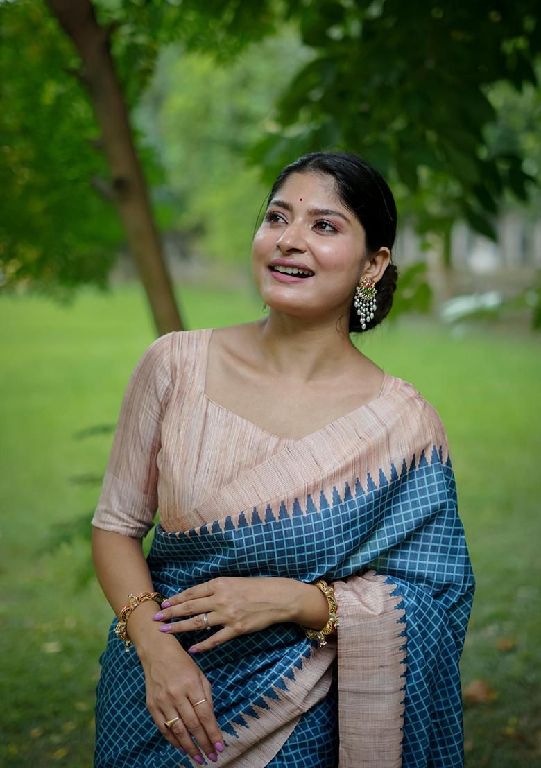 Blue Abstract Print Silk Saree Set