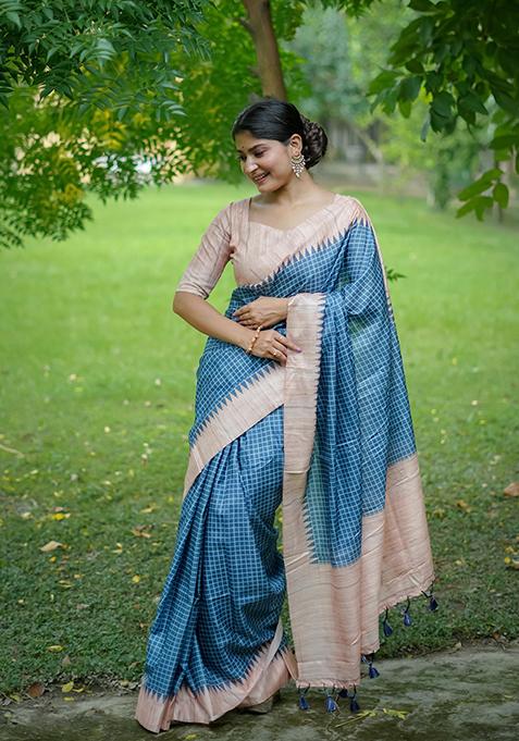 Blue Abstract Print Silk Saree Set