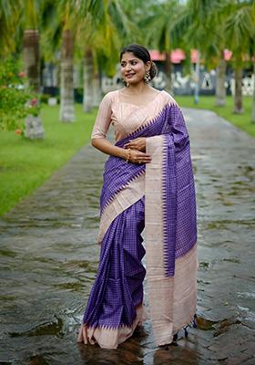Purple Abstract Print Silk Saree Set