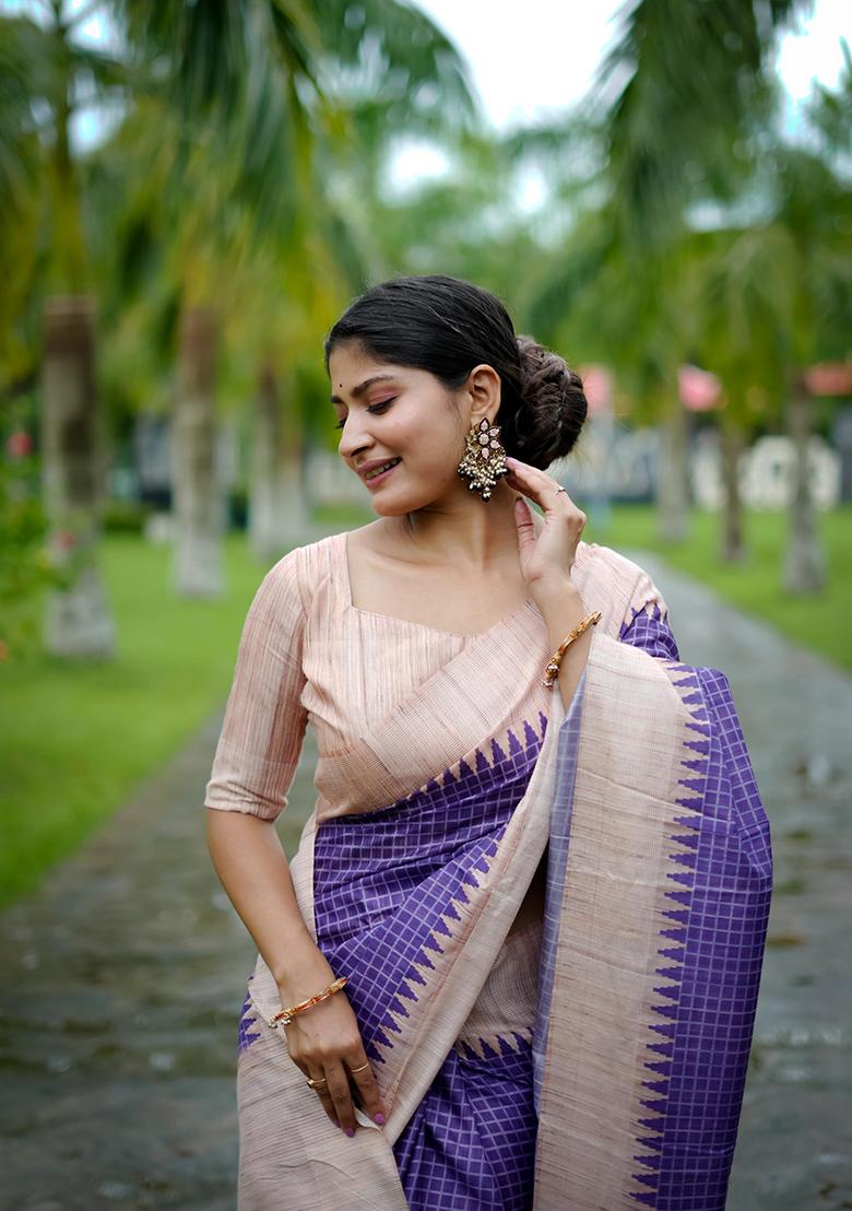 Purple Abstract Print Silk Saree Set