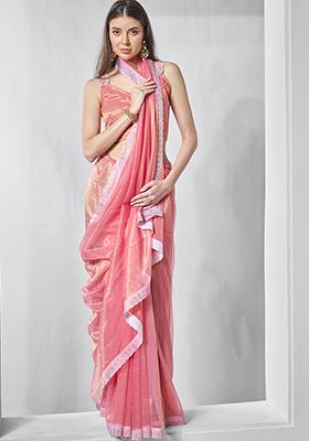 Pink Abstract Print Net Saree Set