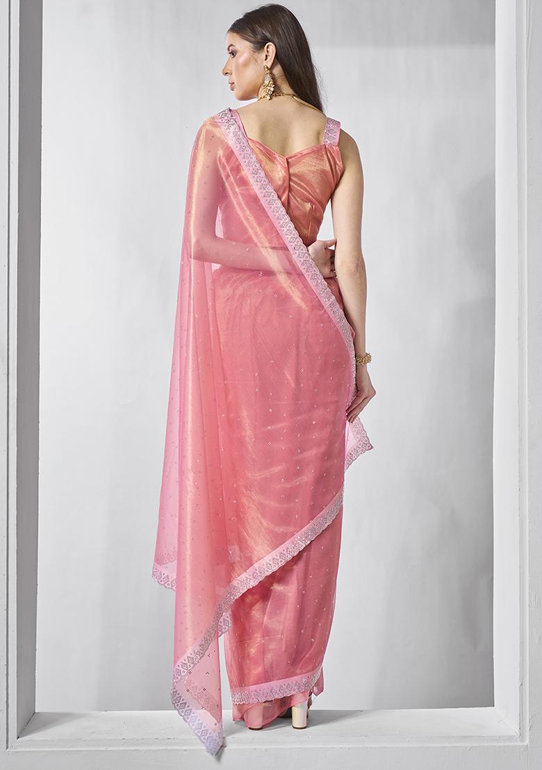 Pink Abstract Print Net Saree Set