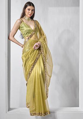 Green Abstract Print Net Saree Set