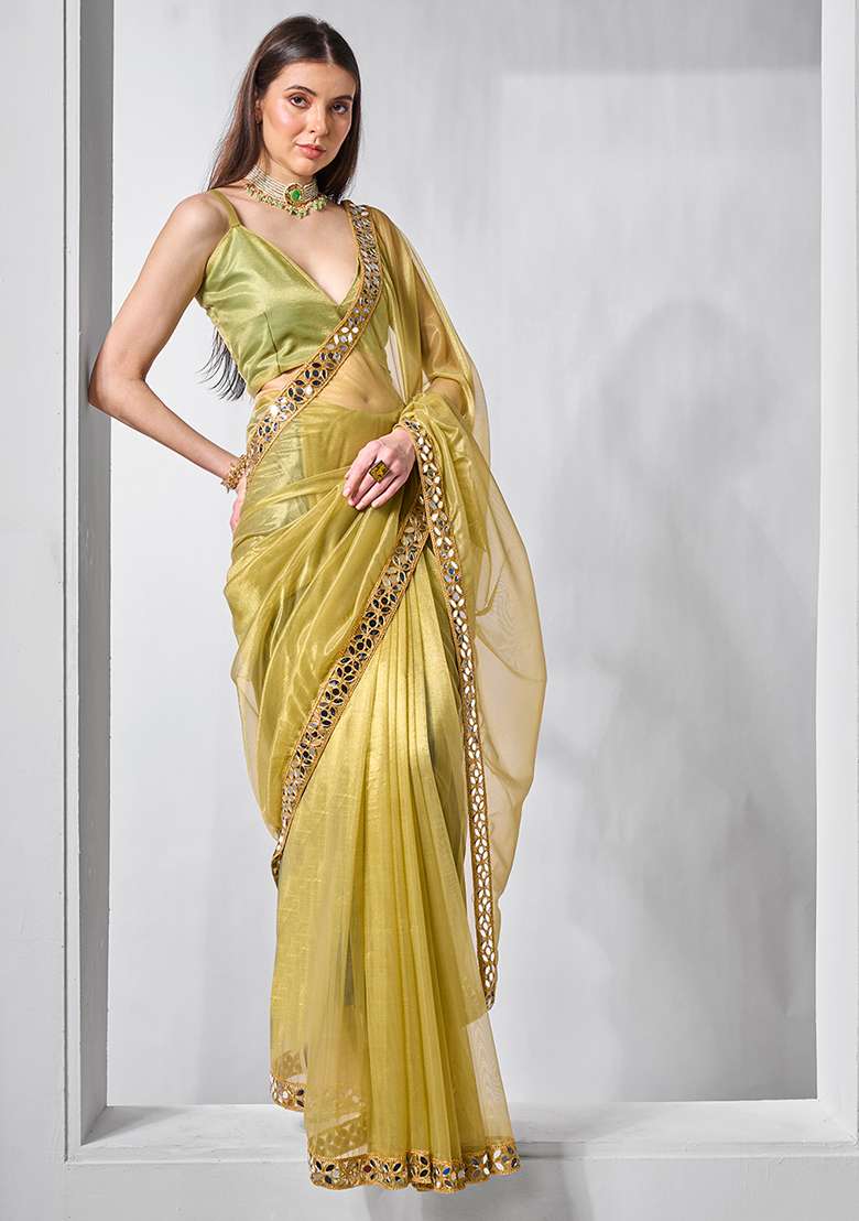 Green Abstract Print Net Saree Set - Indya