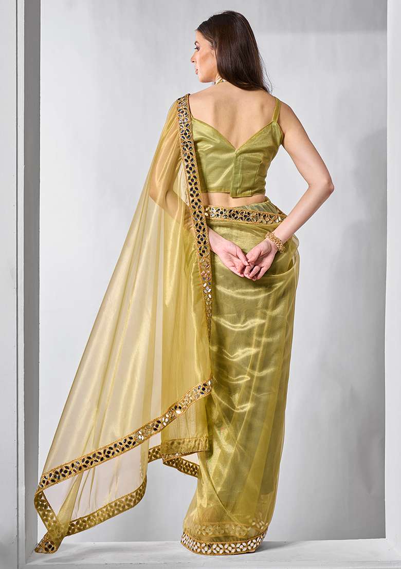 Green Abstract Print Net Saree Set - Indya
