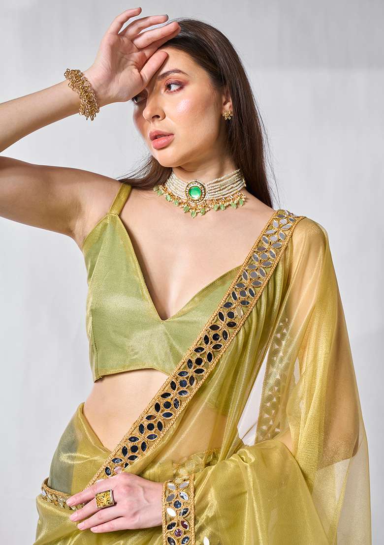 Green Abstract Print Net Saree Set - Indya