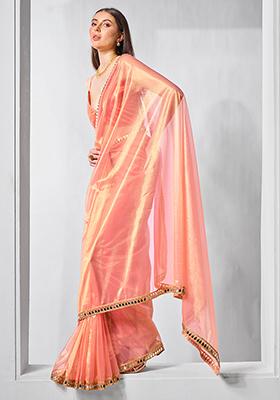 Orange Abstract Print Net Saree Set